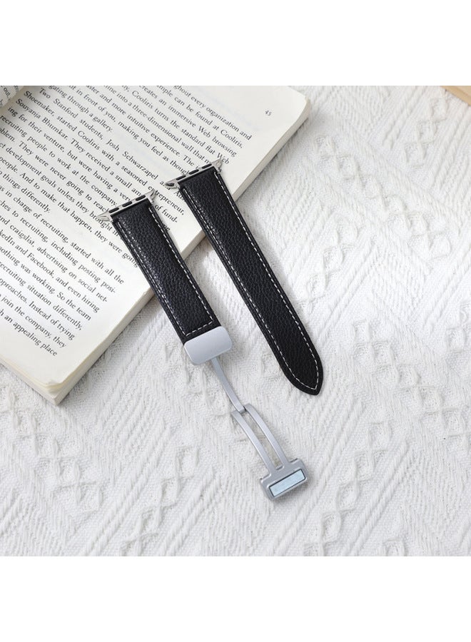 For Huawei GT4watch4 Watch GT3 Silver Magnetic Buckle Litchi Pattern Leather Folding Strap GT2 In Stock-Color:Black (silver Magnetic Buckle)-Specifications:Flat Mouth 20mm [switch Earrings]  - Image 1