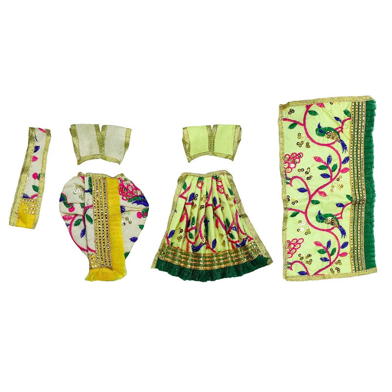 The Holy Mart Radha Krishna Dress Size 5 Krishna Dress in Crme Colour with Jewellery and Radha Dress in Green Colour with Jewellery Silk Fully Embroidered Dress for God Idols - Image 2