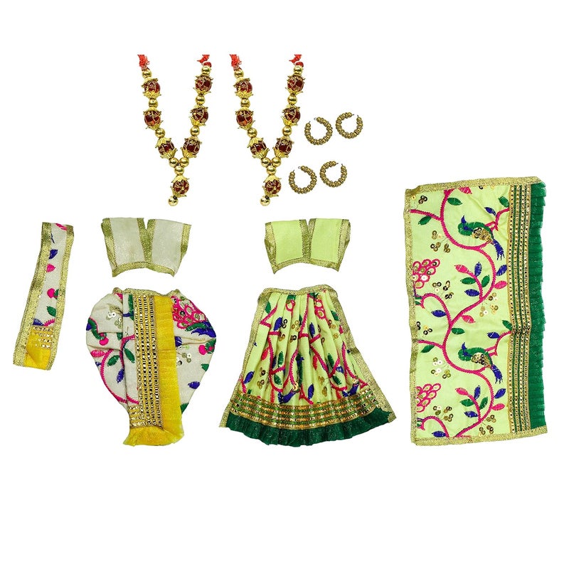The Holy Mart Radha Krishna Dress Size 5 Krishna Dress in Crme Colour with Jewellery and Radha Dress in Green Colour with Jewellery Silk Fully Embroidered Dress for God Idols - Image 1