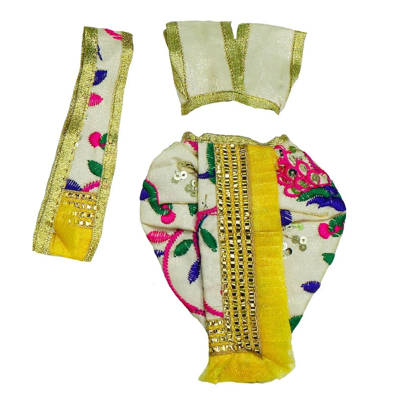 The Holy Mart Radha Krishna Dress Size 5 Krishna Dress in Crme Colour with Jewellery and Radha Dress in Green Colour with Jewellery Silk Fully Embroidered Dress for God Idols - Image 3