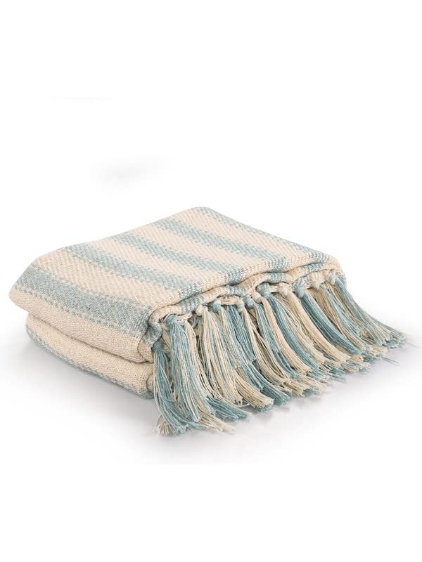 SASHAA WORLD Striped Sofa Throw Medium with Tasselled Edges (Ice Blue Striped, 180 x130 cm) - Image 2