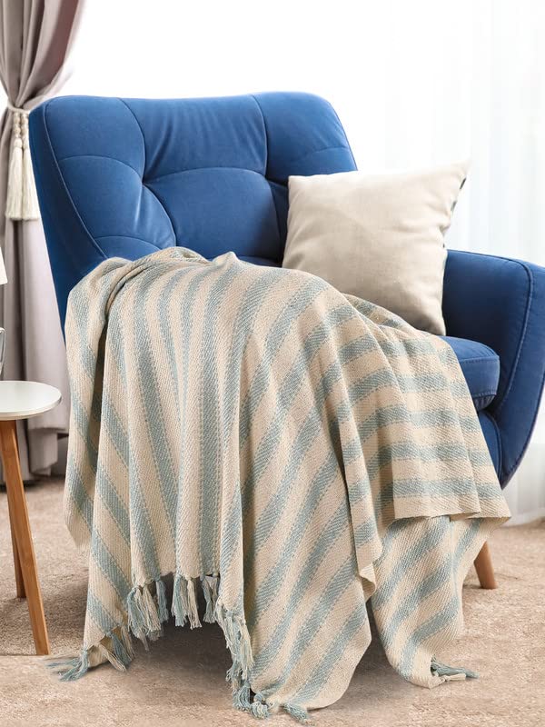 SASHAA WORLD Striped Sofa Throw Medium with Tasselled Edges (Ice Blue Striped, 180 x130 cm) - Image 1