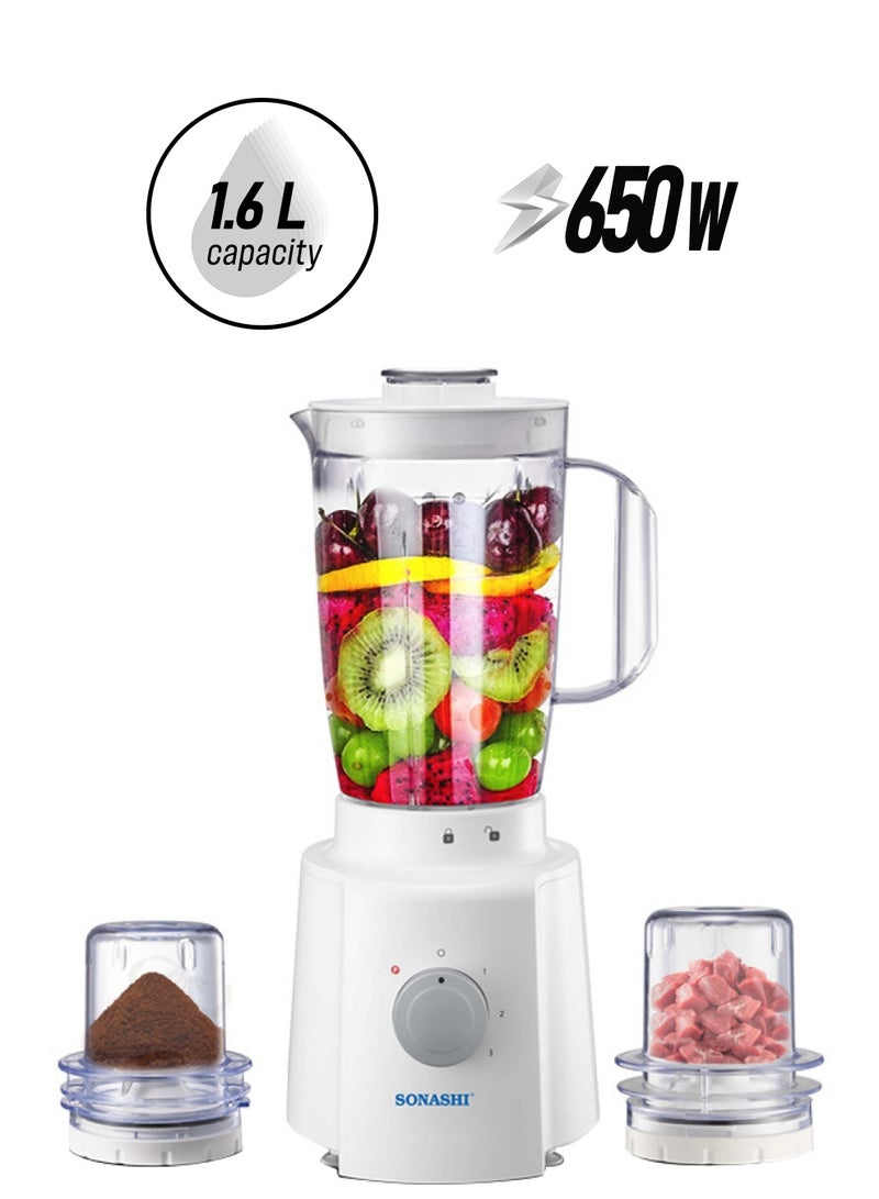 SONASHI 3 in 1 Blender - Powerful Motor with 3 Speed Setting and Pulse Control | Transparent and Unbreakable Jars with Stainless Steel Blade | Featured with Overheat Protection and Safety Lock System 1.6 L 650 W SB-133N White/Clear - Image 1