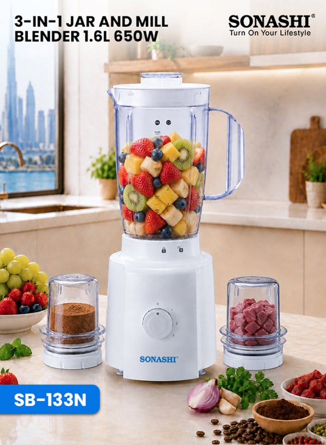 SONASHI 3 in 1 Blender - Powerful Motor with 3 Speed Setting and Pulse Control | Transparent and Unbreakable Jars with Stainless Steel Blade | Featured with Overheat Protection and Safety Lock System 