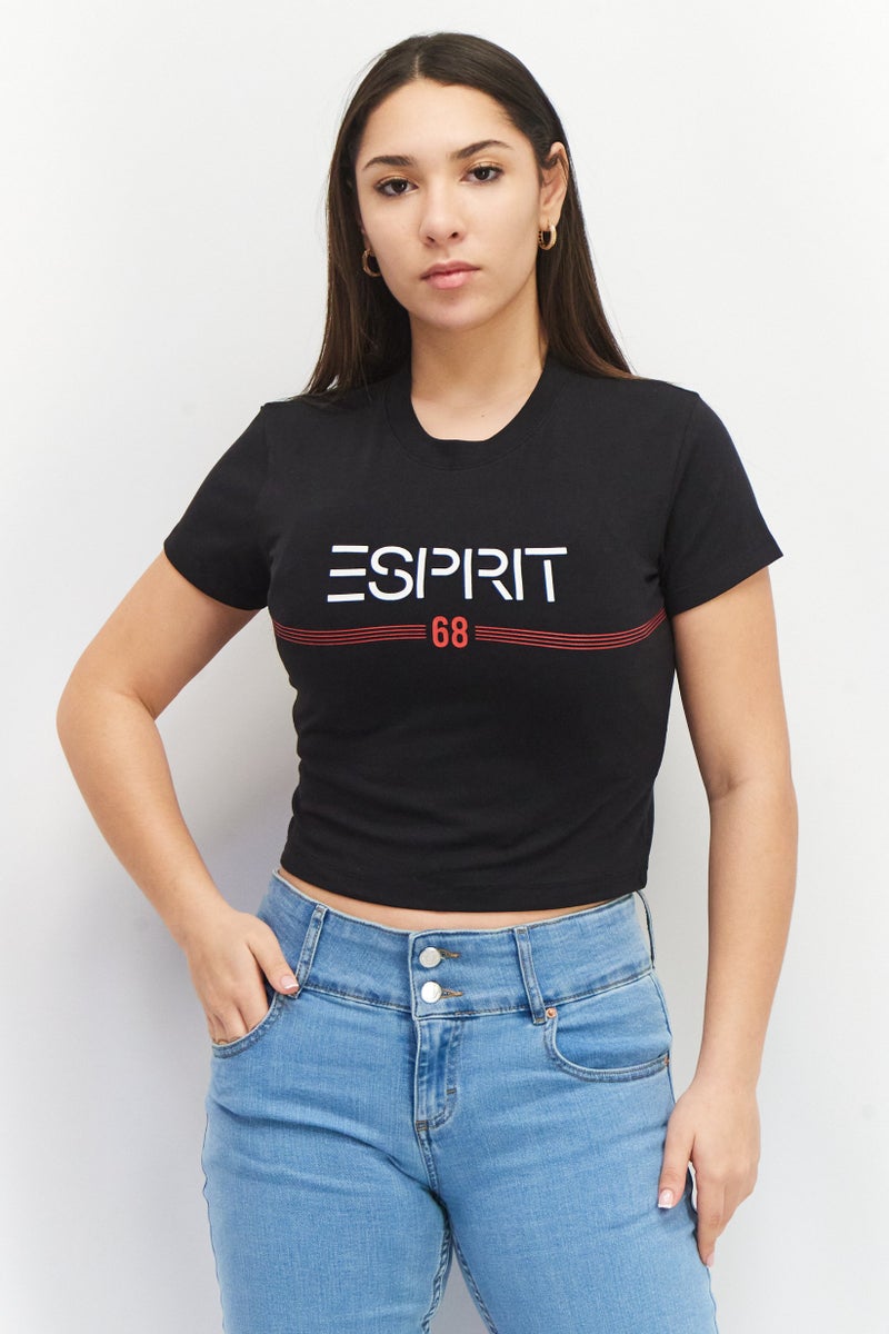ESPRIT Women Crew Neck Short Sleeve Graphic Top, Black - Image 1