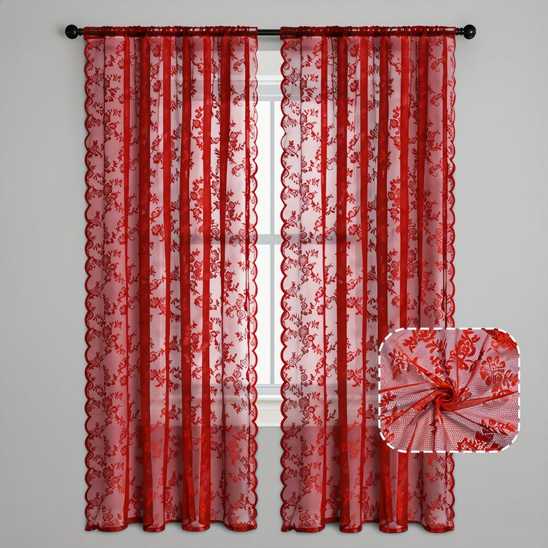 Red Floral Lace Sheer Curtain 39x39 Inch 1 Panel Party Wedding Decor Window Drape - Image 2