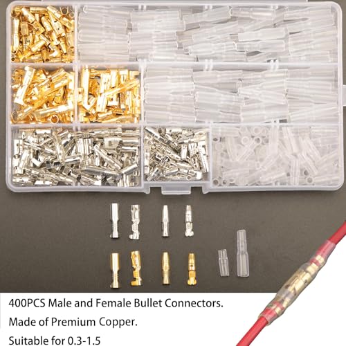 MTRoyaldia 400PCS 3.9mm Bullet Connectors Male and Female, Brass Bullet Terminal Connectors with Insulation Sleeve, Crimp Terminal Connectors Automotive Electrical Connectors Motorcycle Connector Kit - Image 3