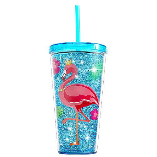 Cute Glitter Tumbler Cups with Lid and Straw Double Wall Insulated Acrylic Cup 22 oz  650ml Flamingo