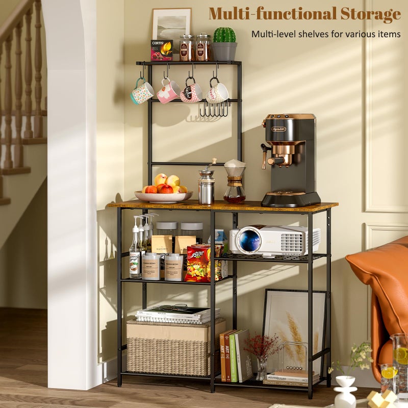 3IngSeagulls Baker's Rack for Kitchen with Storage, Microwave Stand with Adjustable Shelves and 10 S Hooks, 6-Tier Coffee Bar Station, Kitchen Shelves for Spices, Pots, Rustic Brown - Image 2