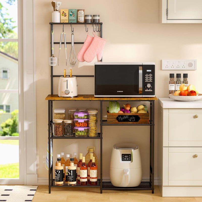 3IngSeagulls Baker's Rack for Kitchen with Storage, Microwave Stand with Adjustable Shelves and 10 S Hooks, 6-Tier Coffee Bar Station, Kitchen Shelves for Spices, Pots, Rustic Brown - Image 3