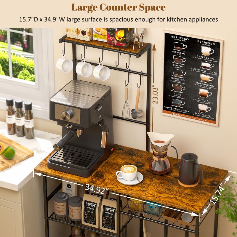 3IngSeagulls Baker's Rack for Kitchen with Storage, Microwave Stand with Adjustable Shelves and 10 S Hooks, 6-Tier Coffee Bar Station, Kitchen Shelves for Spices, Pots, Rustic Brown - Image 4