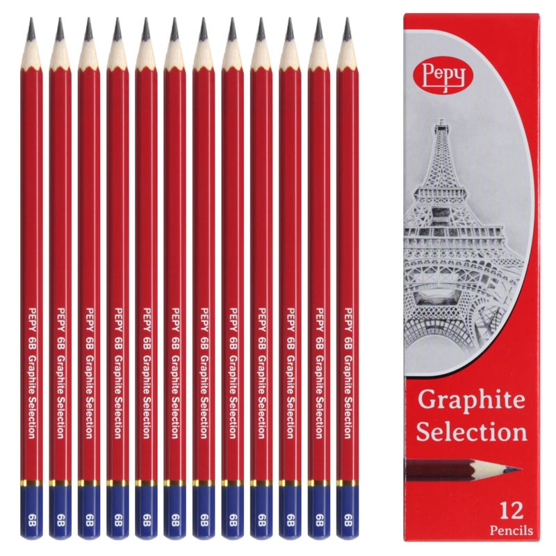 Pepy Graphite Professional Drawing Pencils Set of 12 6B PreSharpened Black Lead Pencils Perfect for Drawing Sketching and Shading Graphic and Fine Art