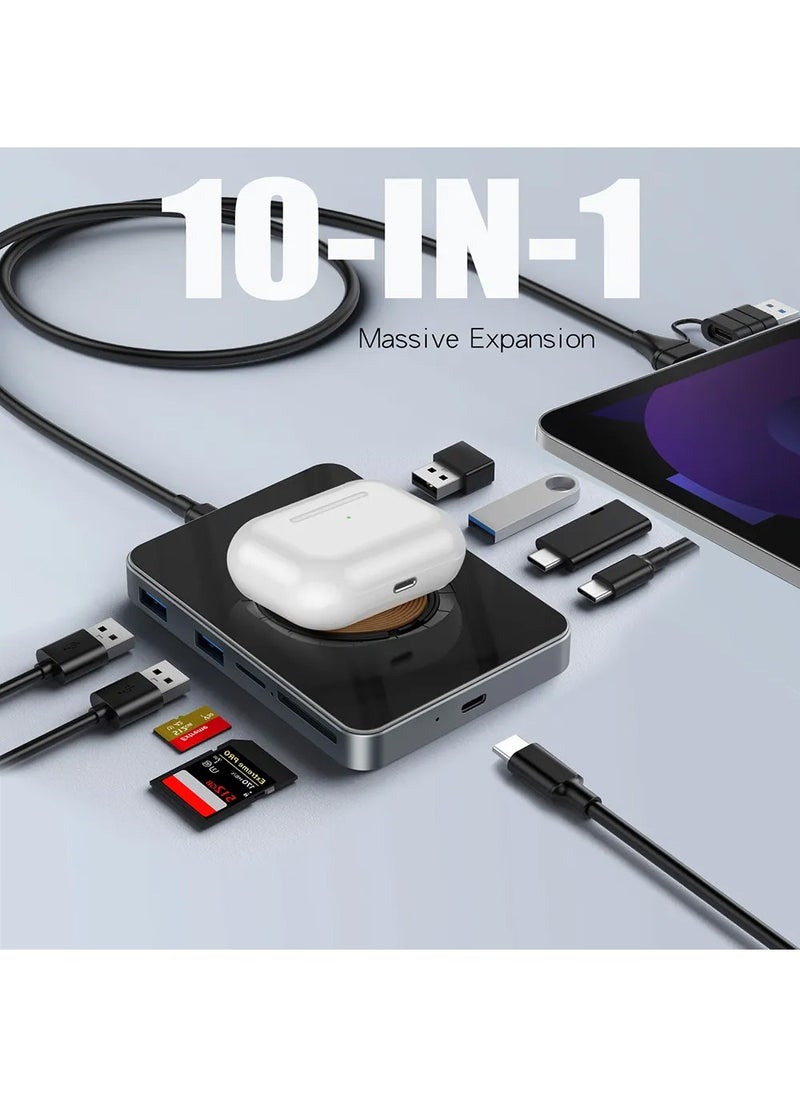 X-level - 10 in 1 USB 3.0 Hub With 15W Wireless Charging Aluminum USB C 2.0 Data Hub SD TF Card Reader Adapter,Compatible for MacBook Pro/Air 2023 M2/M1, iPad Pro/Air, HP, Dell, ASUS, Lenovo, etc - Image 1