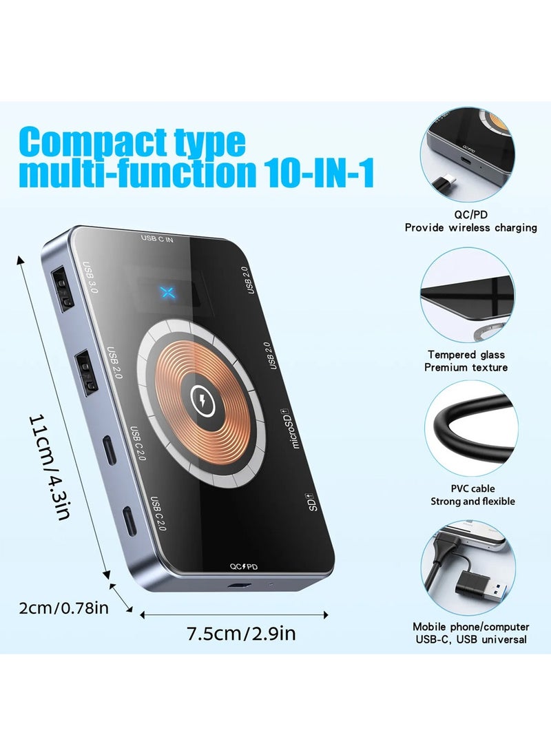 X-level - 10 in 1 USB 3.0 Hub With 15W Wireless Charging Aluminum USB C 2.0 Data Hub SD TF Card Reader Adapter,Compatible for MacBook Pro/Air 2023 M2/M1, iPad Pro/Air, HP, Dell, ASUS, Lenovo, etc - Image 1