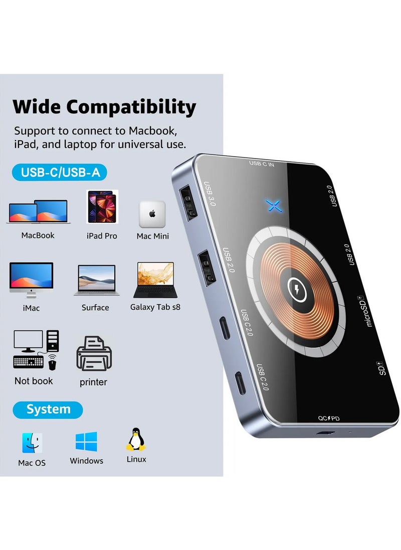 X-level - 10 in 1 USB 3.0 Hub With 15W Wireless Charging Aluminum USB C 2.0 Data Hub SD TF Card Reader Adapter,Compatible for MacBook Pro/Air 2023 M2/M1, iPad Pro/Air, HP, Dell, ASUS, Lenovo, etc - Image 1