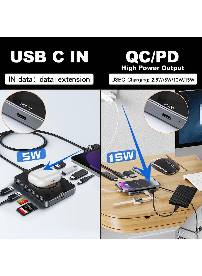 X-level - 10 in 1 USB 3.0 Hub With 15W Wireless Charging Aluminum USB C 2.0 Data Hub SD TF Card Reader Adapter,Compatible for MacBook Pro/Air 2023 M2/M1, iPad Pro/Air, HP, Dell, ASUS, Lenovo, etc - Image 1