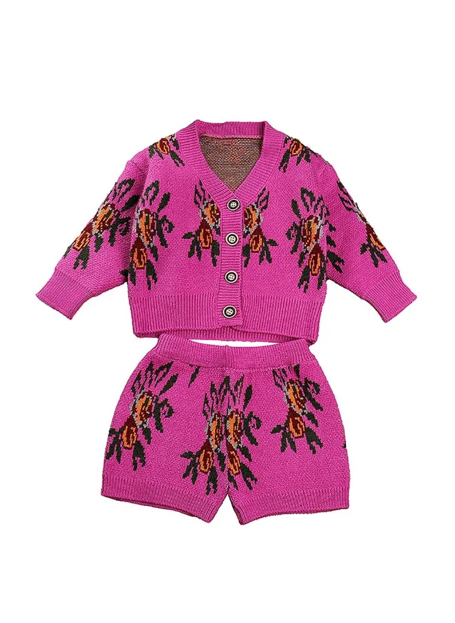 صندوق المفاجآت الصغيرة Box 2pcs Magenta Flower Bunch Knitted Cardigan and shorts Winterwear set for girls -2-3Y