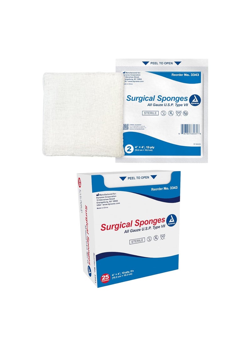 Dynarex Dynarex Surgical Gauze Sponges - Absorbent Cotton Fabric with Folded Edges - Soft, Durable, Individually Wrapped Dressing - 4x4", 12-Ply, Sterile 2's - Box of 25 Pouches, 2 Sponges Per Pouch 