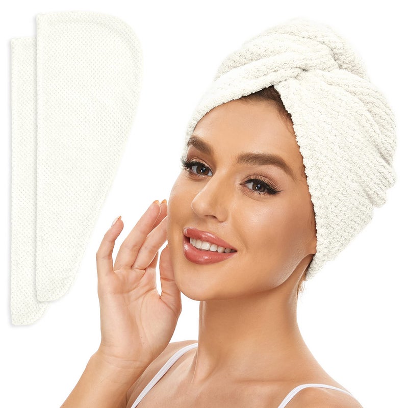 Simplefield 2 Pack Microfiber Hair Towel Wrap For Women  Anti Frizz Quick Drying Hair Turban For All Hair Style  Absorbent And Lightweight (Ivory) - Image 1