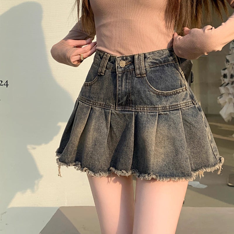 Hot Girl Retro Distressed Pleated Denim Skirt Womens Summer High-Waist Slimming Look A-Line Anti-Exposure Hip-Covering Short Skirt Trendy Retro blue culottes lined