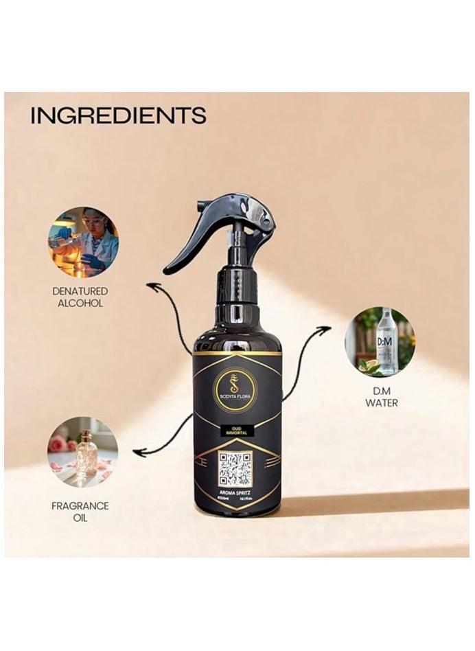 Scenta Flora Oud Immortal Aroma Spritz 300ml | Ready-to-Use Long-Lasting Oil Based Air Freshener for Curtains, Carpets, Washrooms, Dressing Rooms, and Fabrics like Abayas  - Image 3