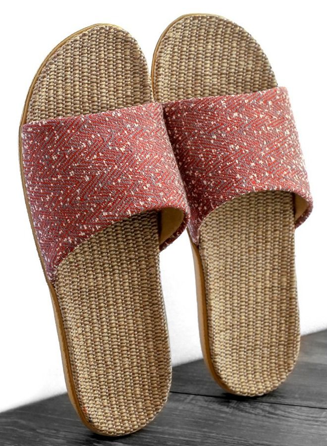 Loquat Flax Slippers No Slip Linen Indoor Slippers With Open Toe Dark Red 