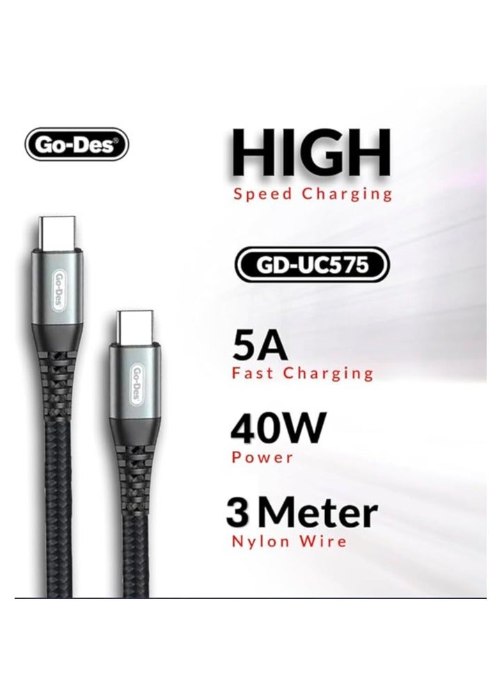 GO-DES Go Des PD Flash Cable 3m Black 40W Fast Charging 5A USB C to USB C Cable - Image 4