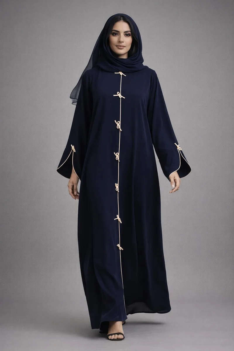 Blue Korean Nida Abaya | Luxury Modest Wear with Contrast Piping