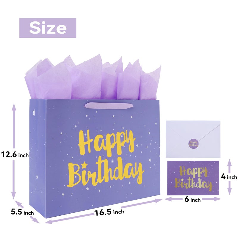 Qirrmiy 16.5â€ Extra Large Purple Happy Birthday Gift Bag Set with Handles, Greeting Card, Tissue Papers and Stickers for Women Girls Kids, Stars Design, 1 Pcs. - Image 2