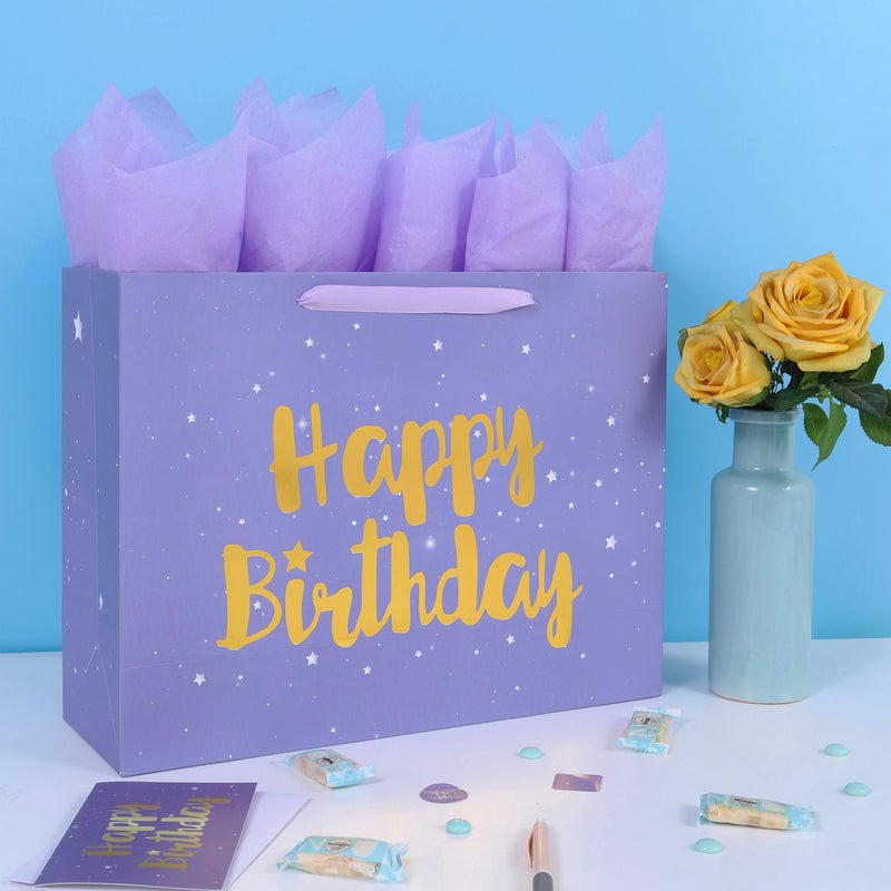 Qirrmiy 16.5â€ Extra Large Purple Happy Birthday Gift Bag Set with Handles, Greeting Card, Tissue Papers and Stickers for Women Girls Kids, Stars Design, 1 Pcs. - Image 5