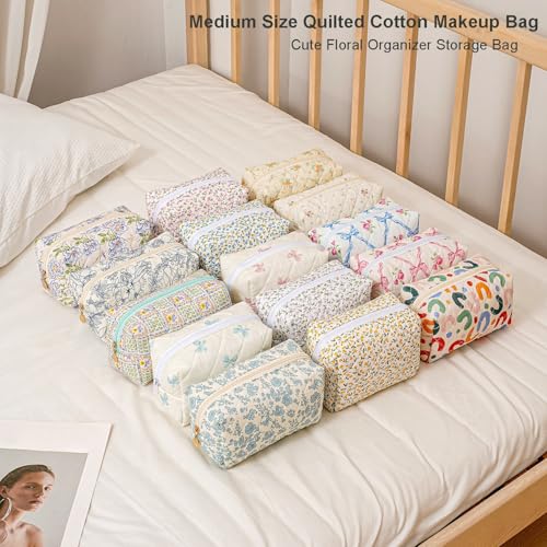 Gleyemor Small Quilted Makeup Bag for Women, Cute Floral Bow Cosmetic Bag, Emergency Bag Travel Toiletry Cotton Pouch Gifts for Girls Her Mom Friend Sister Bridesmaid (Blue Floral) - Image 4
