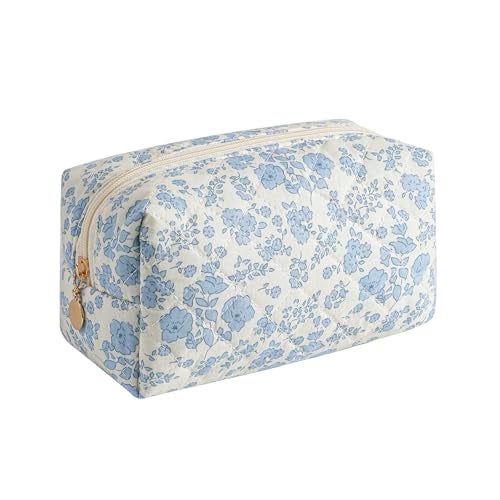 Gleyemor Small Quilted Makeup Bag for Women, Cute Floral Bow Cosmetic Bag, Emergency Bag Travel Toiletry Cotton Pouch Gifts for Girls Her Mom Friend Sister Bridesmaid (Blue Floral) - Image 1