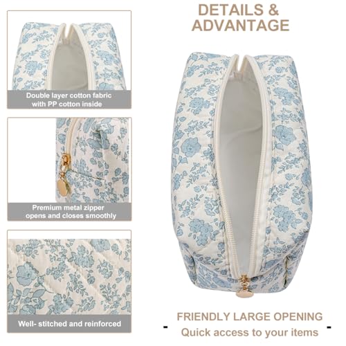 Gleyemor Small Quilted Makeup Bag for Women, Cute Floral Bow Cosmetic Bag, Emergency Bag Travel Toiletry Cotton Pouch Gifts for Girls Her Mom Friend Sister Bridesmaid (Blue Floral) - Image 3