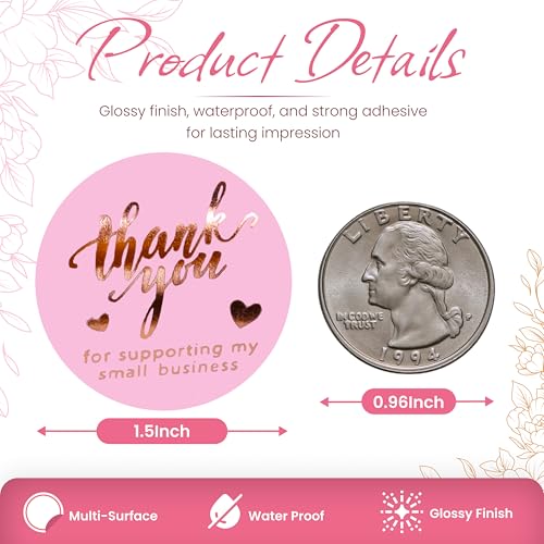 IBAKE 500 Pcs 1.5 Inch Pink and Rose Gold Thank You Stickers for Small Business, Small Business Packaging, Self-Adhesive & Waterproof Stickers with Beautiful Designs, Strong and Durable Envelope Seals - Image 3