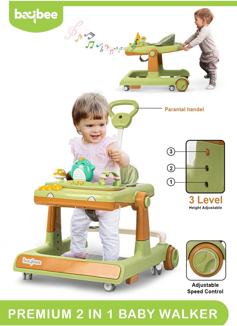 BAYBEE 3 In 1 Flix Baby Activity Walker With Parental Push Handle And 3 Height Adjustable, Tray And Musical Toy Bar, 6 - 18 Months, Boy/Girl, Green  - Image 1