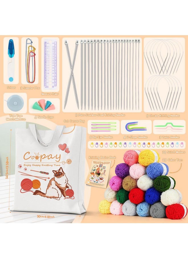 Coopay - Knitting Kit For Beginners W/20 Colors Yarn, Knitting Set Include 11 Pairs Knitting Needles Set & 11 Circular Knitting Needles With Cat Tote Bag Knitting Book, Knitting Kit For Beginners Adults - Image 1