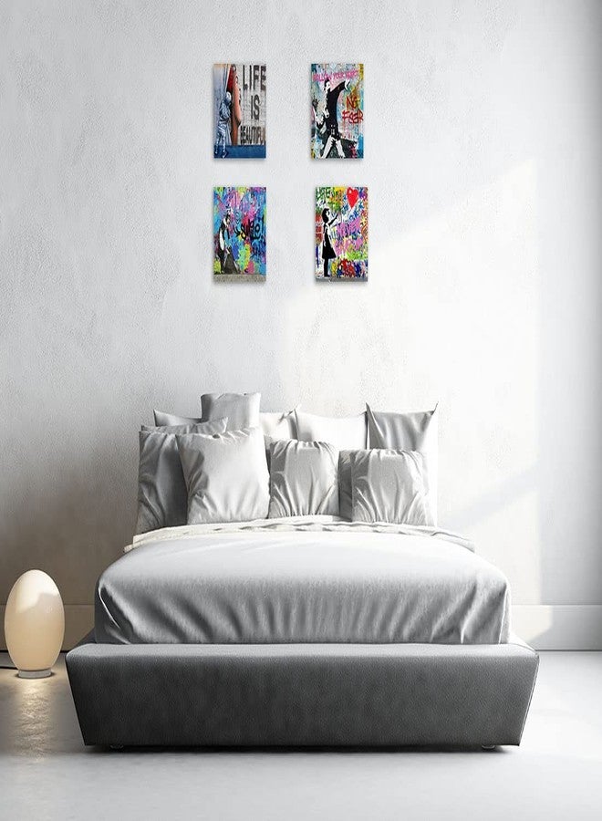 Biufo Banksy Canvas Wall Art Artwork Graffiti Street Print Pictures for Bedroom Living Room Wall Decor (12"x12"x4Pcs) - Image 3