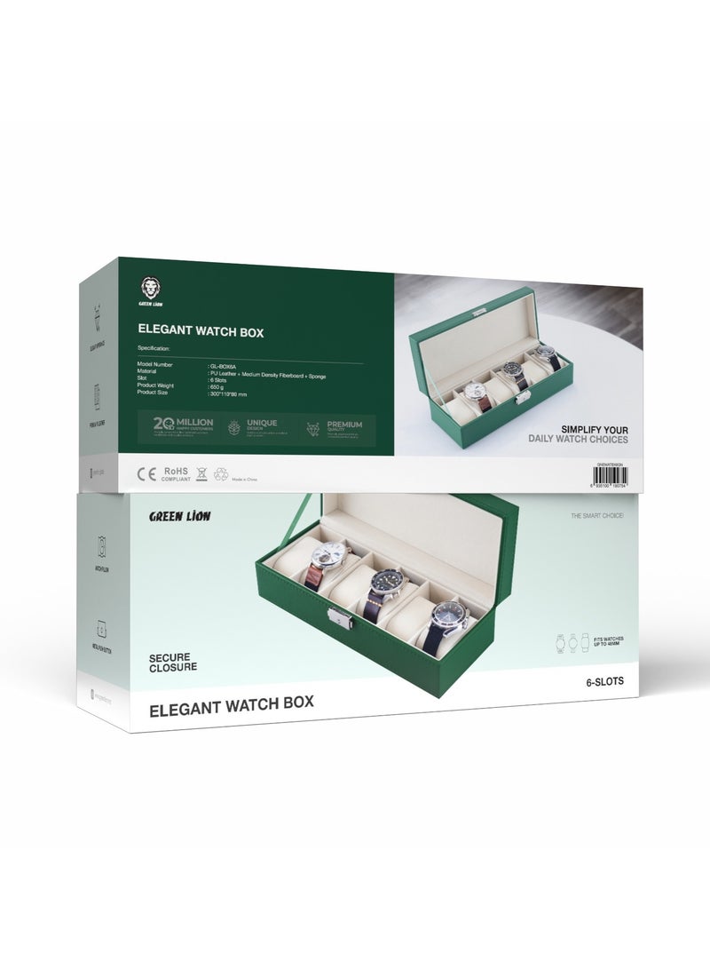 GREEN LION Elegant Watch Box 6 slots / Elegant Appearance / Premium PU Leather Material / Metal Push Button / Watch Pillow - Green - Image 2