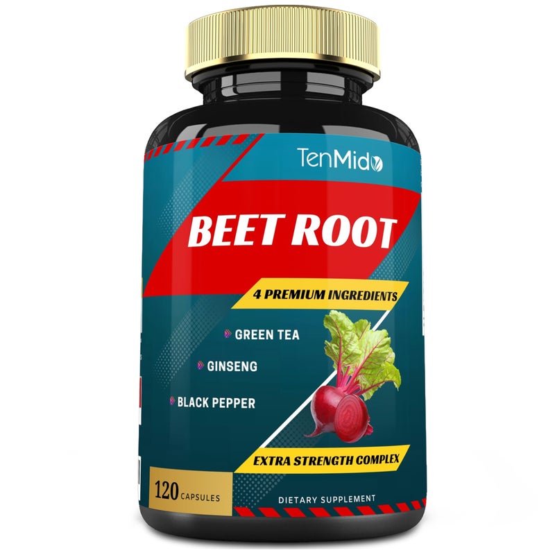 Beet Root Extract Capsules 4 Months Supply Green Tea Ginseng Black Pepper Increased Energy Athletic Performance Supports Boosts Stamina Nutritional Workout Supplements