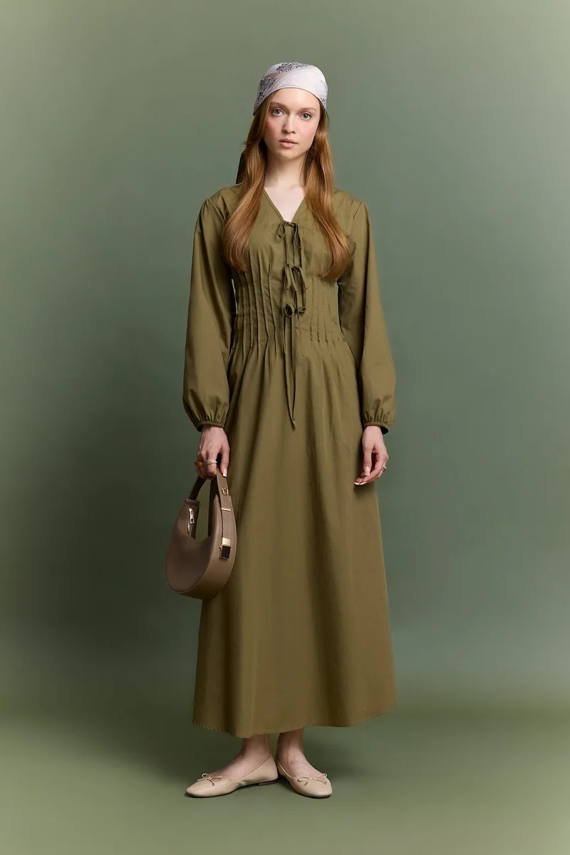 V-Neck Poplin Tie Front Long Sleeve Maxi Dress