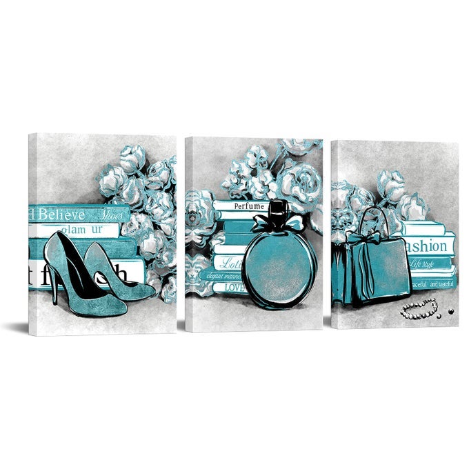 3 PIECE FASHION CANVAS WALL ART GLAM HIGH HEELS PERFUME BAGS WITH BOOK POSTER ART PAINTING PRINTS FRAMED MODERN TEAL AND GREY HOME BATHROOM BEAUTY ROOM DECORATIONS 12X16INCHX3PCS