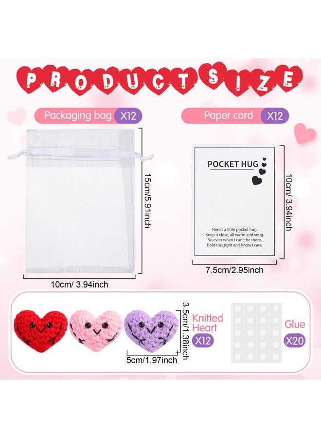 Daifunli 12 Pcs Handmade Cute Crocheted Pocket Hug Token Pink Red Purple Heart for Boyfriend Girlfriend Pocket Hug Heart Crochet Heart Gift - Image 2