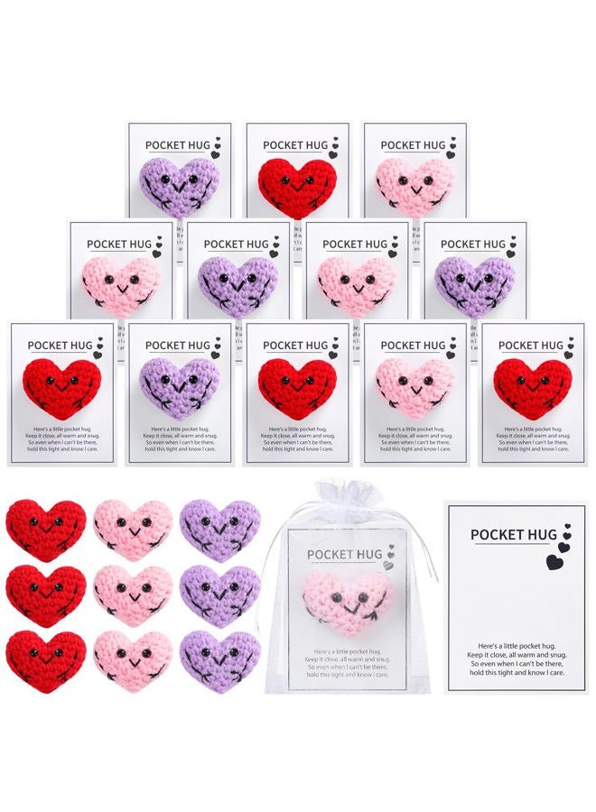 Daifunli 12 Pcs Handmade Cute Crocheted Pocket Hug Token Pink Red Purple Heart for Boyfriend Girlfriend Pocket Hug Heart Crochet Heart Gift - Image 1