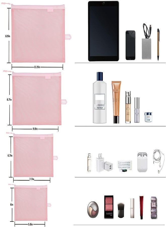 SUPACOOL Set of 4 Travel Mesh Makeup Bag, Cosmetic Organizer Pouches with Zipper, Diaper Organizing Pouches, Nylon Toiletries Bag for Women and Men(4pcs, Pink) - Image 2
