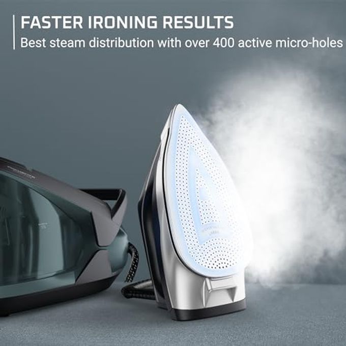 Rowenta Iron Steamer For Clothes Master Steam Station, Professional Steam Iron For Clothes With Stainless Steel Soleplate, 57 Oz, 400 Microsteam Holes, Built-In Pump, 1750 Watts, Black/Green, Vr8338 - Image 5