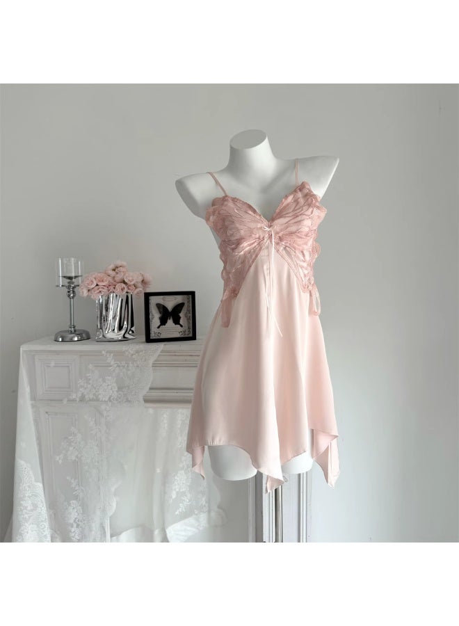 Caprisious Elegant Butterfly-Inspired Halter Neck Satin Dress with Lace Bodice - Image 1