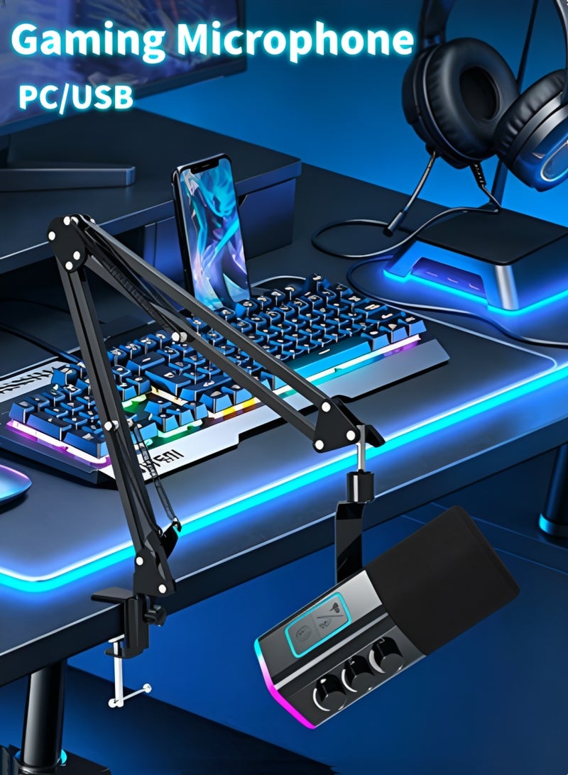 oldlaiben Gaming Microphone, USB PC Mic RGB Light Dynamic Microphon Podcast Condenser Mic Recording Microphone Computer Microphone with Adjustable Boom Arm, RGB Light, Rotate Gain Button, Quick Mute, XRL/USB Dual Interface - Image 1