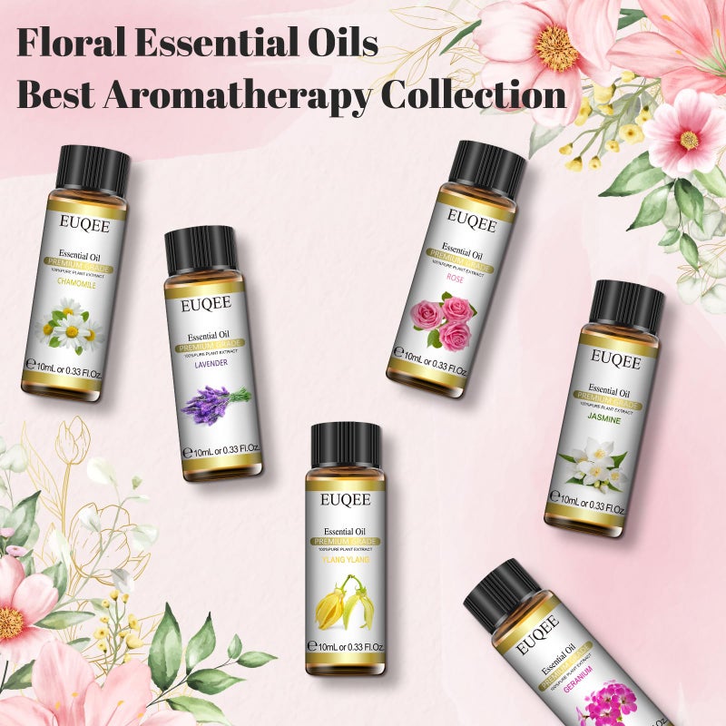 EUQEE Floral Essential Oils Set of 6 Pure Essential Oil Gift Set for Diffusers, Soap & Candle Making - Lavender, Rose, Ylang Ylang, Jasmine, Geranium, Chamomile Aromatherapy Oils - 10ml - Image 2