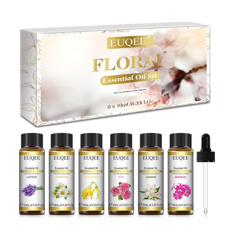 EUQEE Floral Essential Oils Set of 6 Pure Essential Oil Gift Set for Diffusers, Soap & Candle Making - Lavender, Rose, Ylang Ylang, Jasmine, Geranium, Chamomile Aromatherapy Oils - 10ml - Image 1