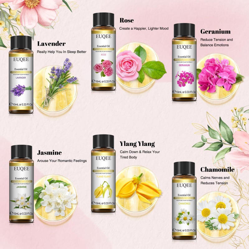 EUQEE Floral Essential Oils Set of 6 Pure Essential Oil Gift Set for Diffusers, Soap & Candle Making - Lavender, Rose, Ylang Ylang, Jasmine, Geranium, Chamomile Aromatherapy Oils - 10ml - Image 3